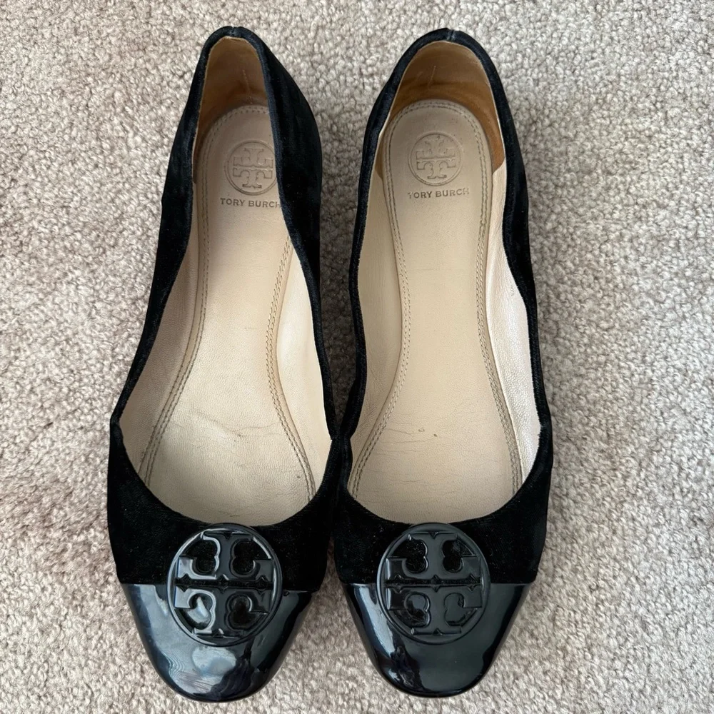 Tory Burch Black Velvet Patent Leather Ballet Flats